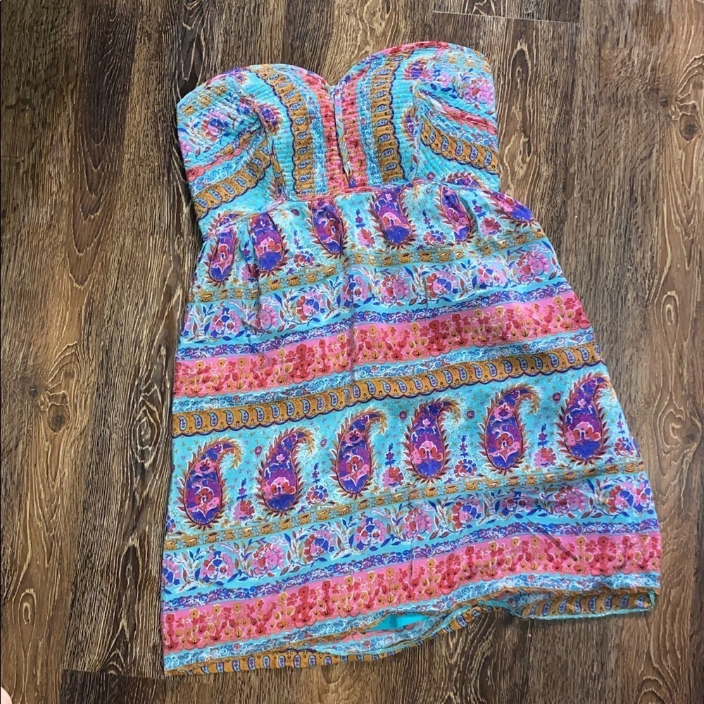 Anthropologie Maple Silk Paisley Strapless Smocked Dress